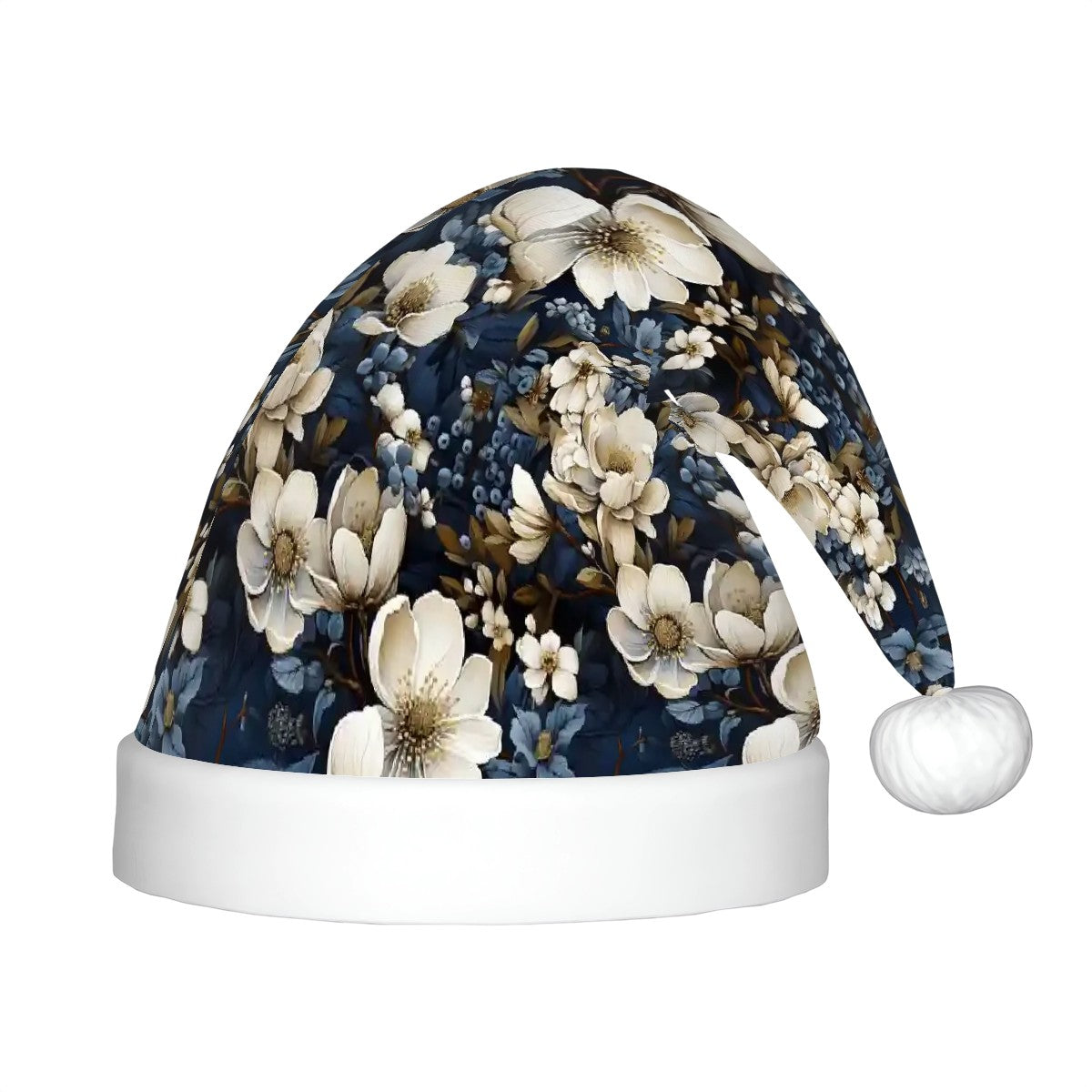 Luxury Navy and Cream Winter Floral Plush Santa Hat