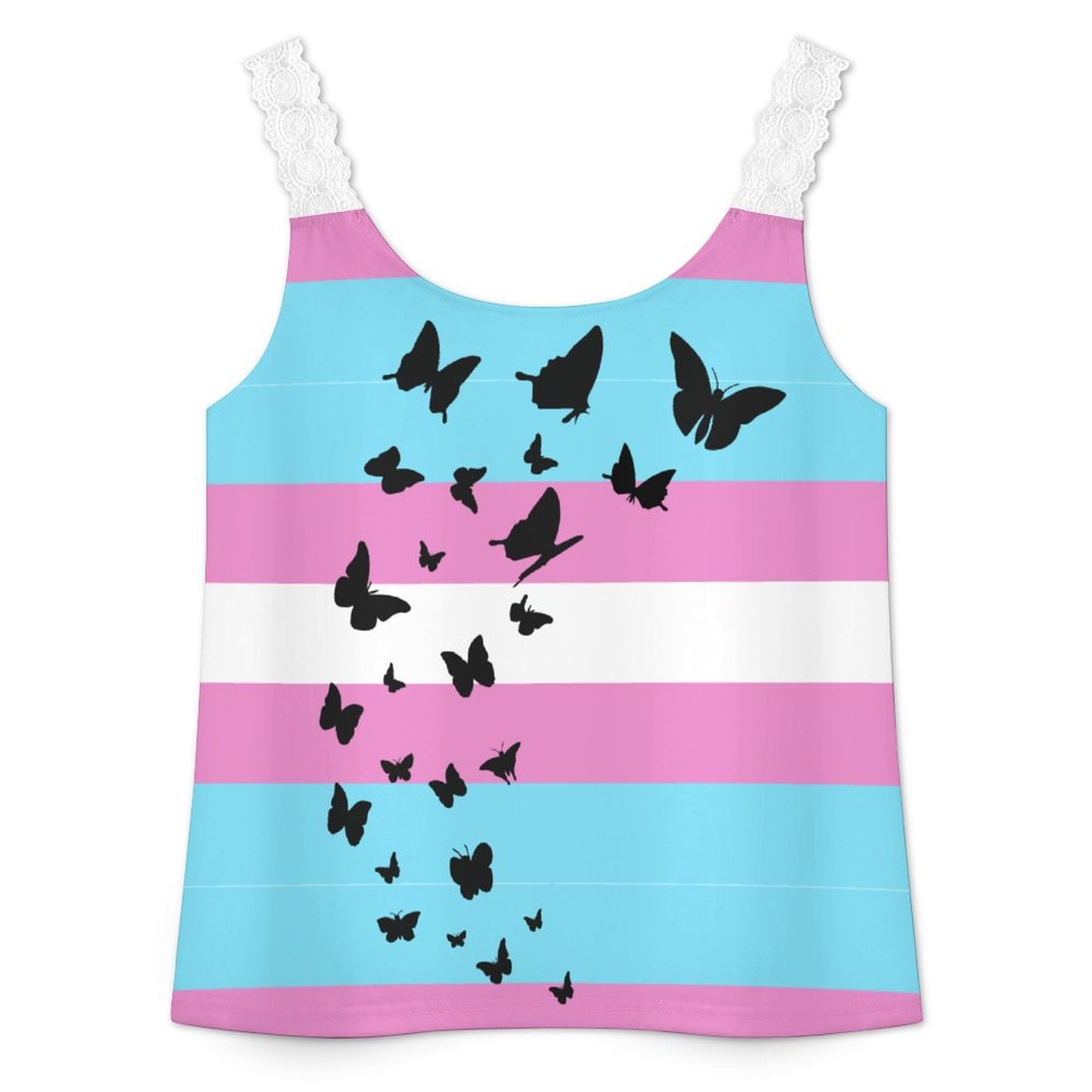 Butterflies on a Transgender Flag | Women’s Lace Trim Cami Tank Top – Soft Stretch Everyday Essential