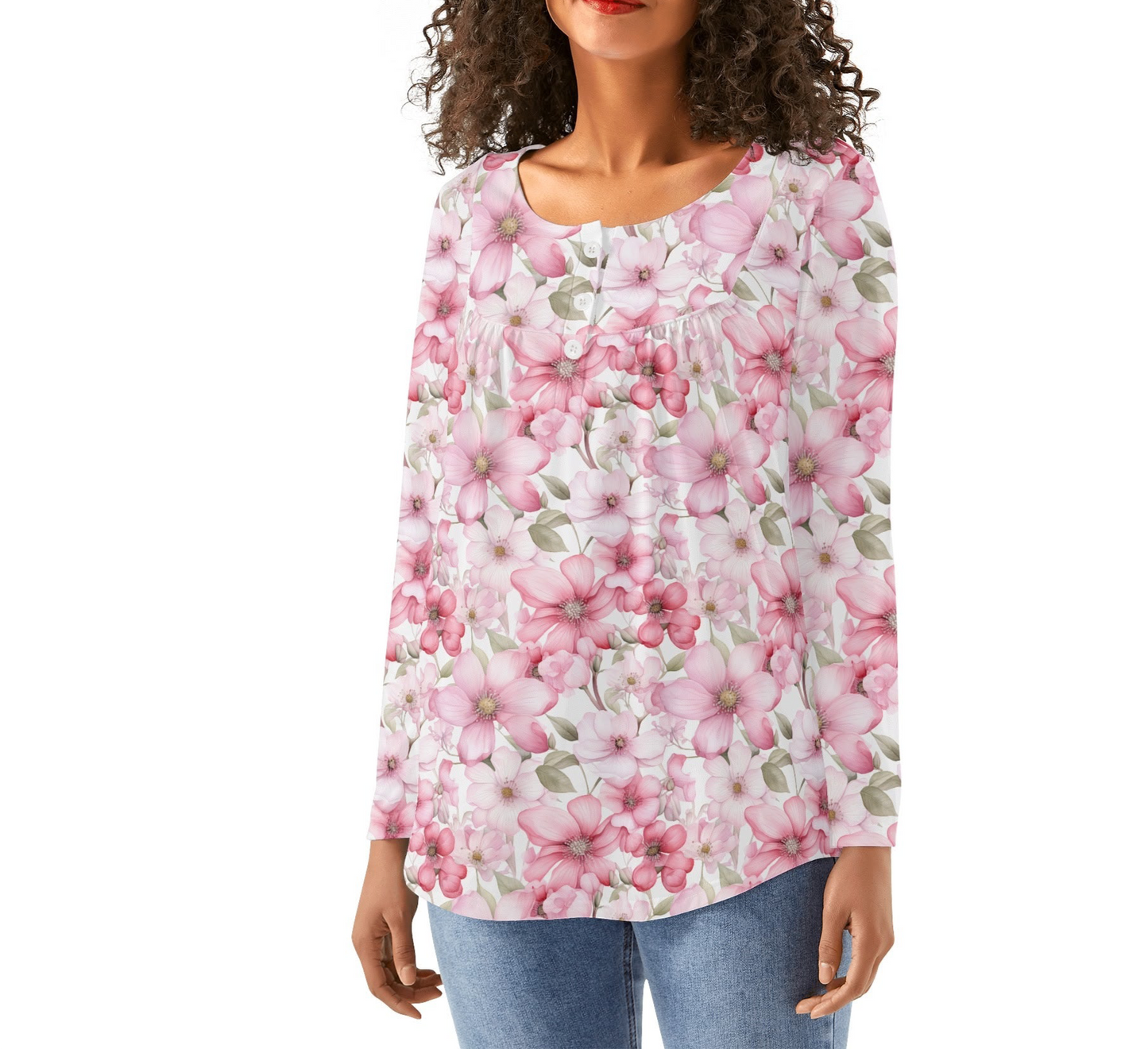 Spring Pinks | Women's Long Sleeve Loose Flare Blouse - Avail in Plus Sizes