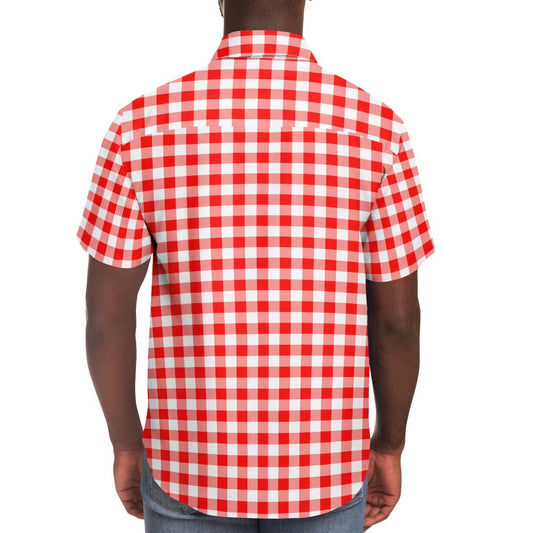 Red-Orange Gingham Plaid - Short Sleeve Button Down Shirt