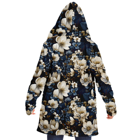 Blue Winter Floral | Microfleece Cloak – Ultra-Soft Warmth & Deep Pockets