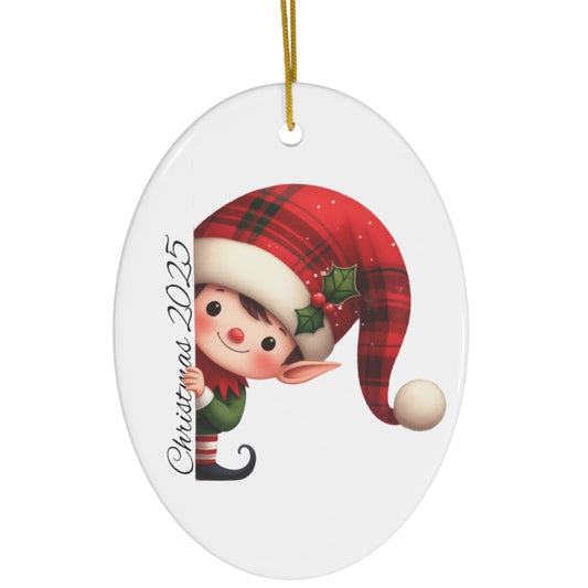 OVAL Christmas ornament with an elf design and 'Christmas 2025' text on a white background