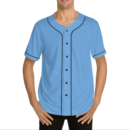 A man wearing a blue baseball jersey with the text 'Shhh no one cares' printed on the back.