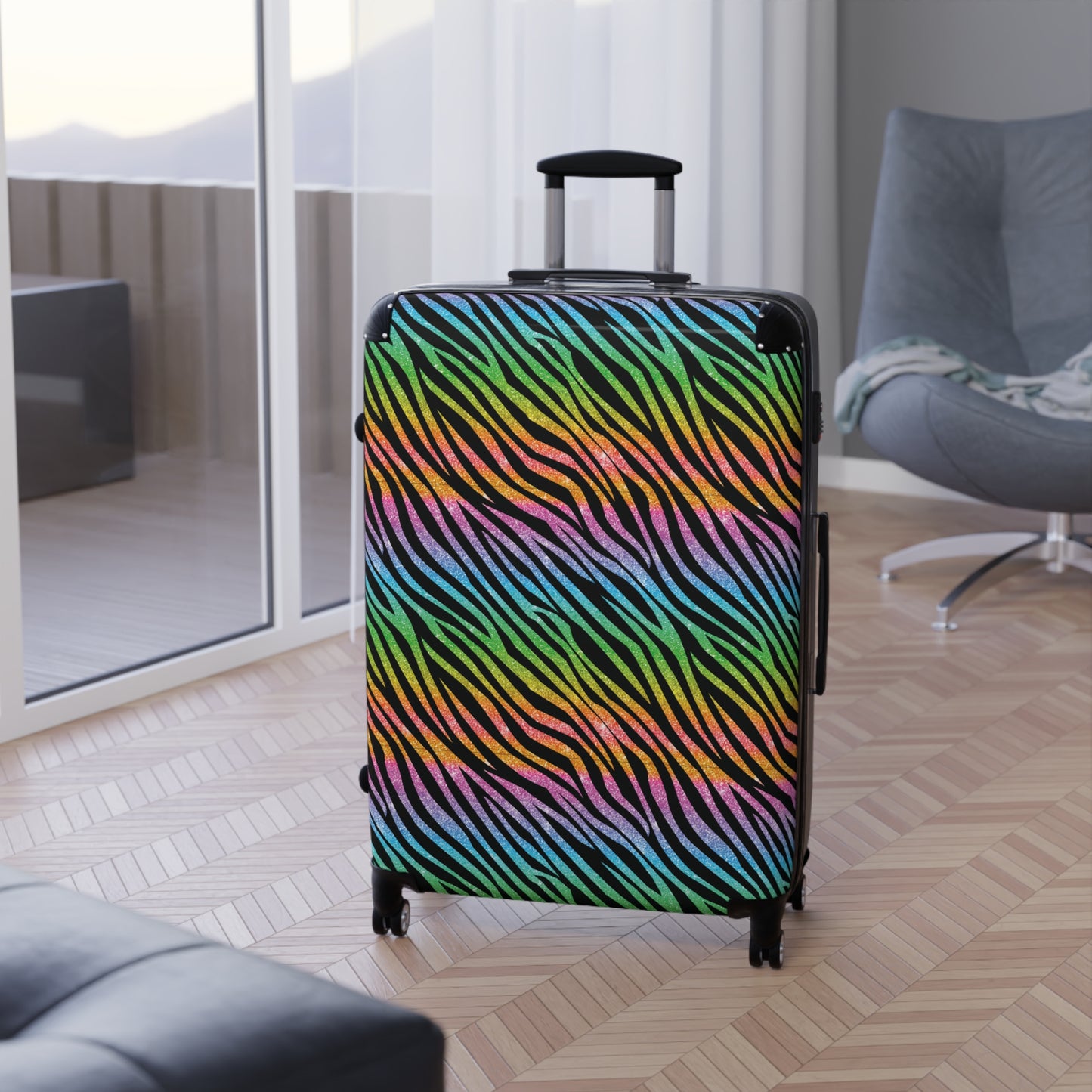 Glitter Rainbow Zebra Skin Suitcases Available in 3 Sizes (Small, Medium, & Large)