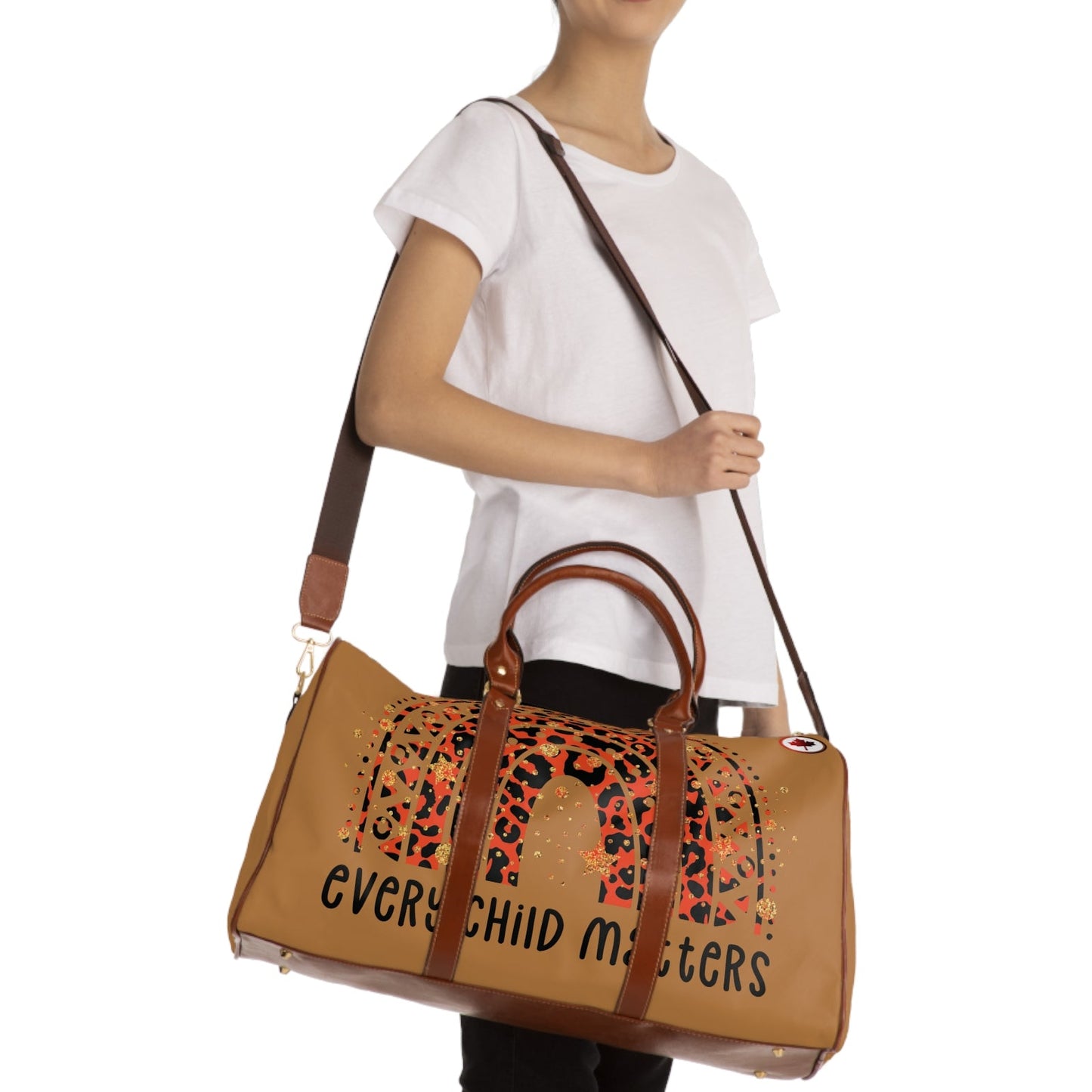 Woman holding a brown handbag with a leopard print design and text on a white background