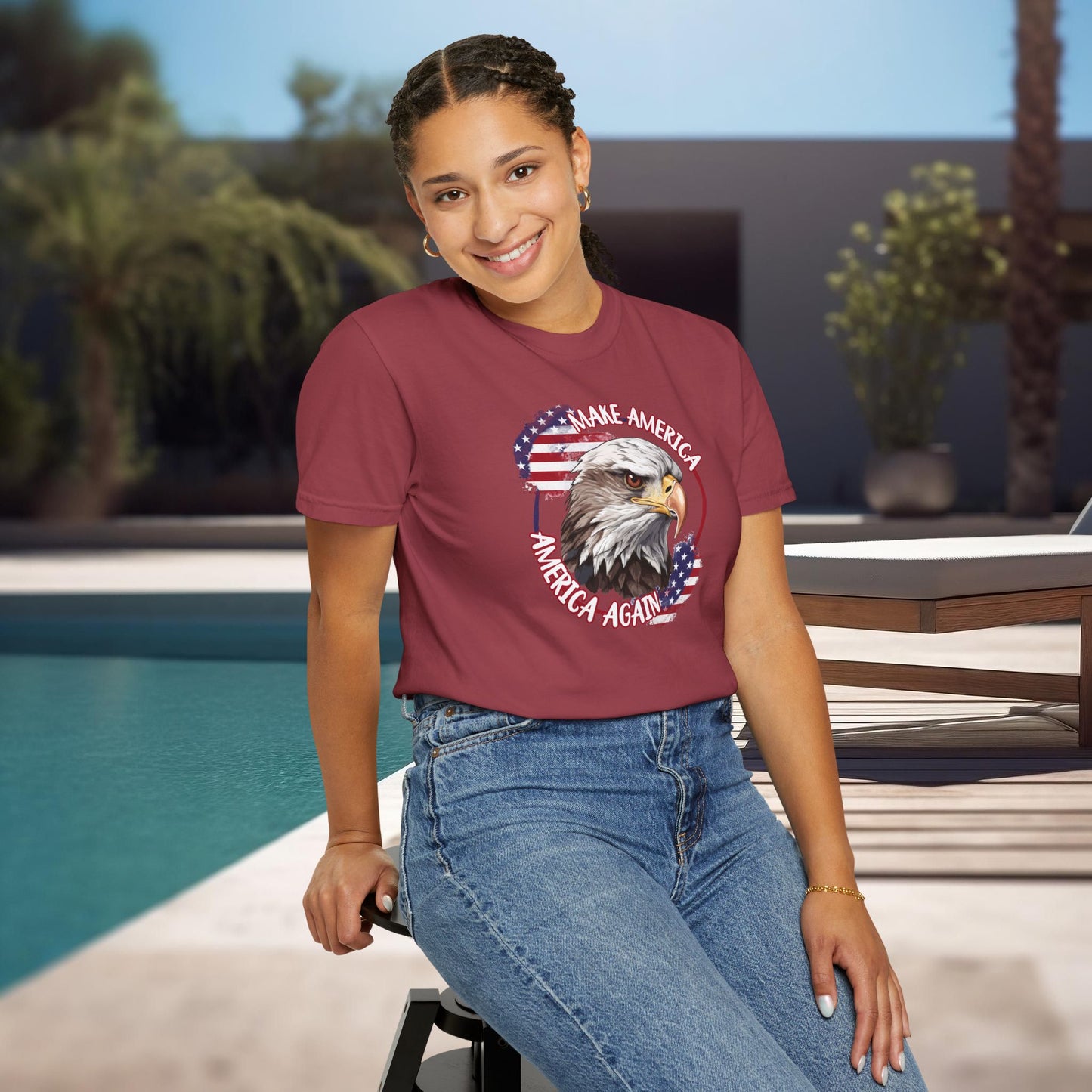 Make America America Again | Women's Garment-Dyed T-Shirt - Bald Eagle & Distressed Flag