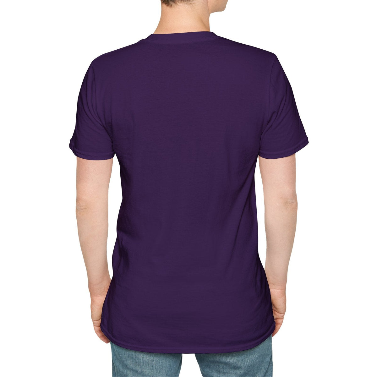 Back of a person wearing a purple t-shirt on a white background