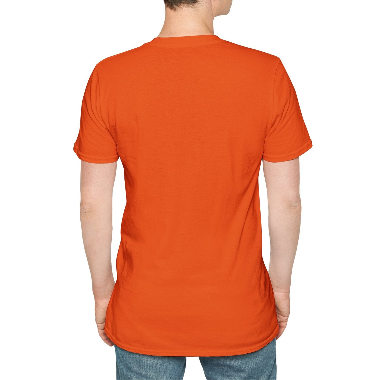 Person wearing an orange t-shirt on a white background
