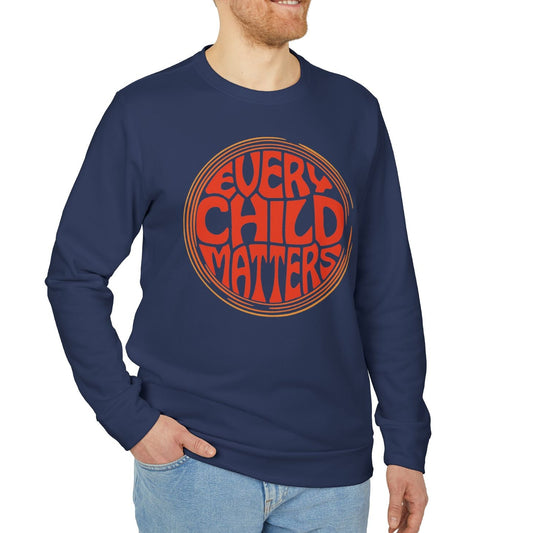 Man wearing a navy blue long-sleeve shirt with 'EVERY CHILD MATTERS' text on a white background