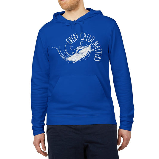 Man wearing a blue hoodie with a logo and text on a white background
