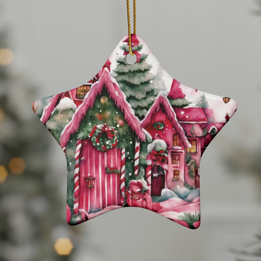 Idyllic Fantasy Christmas Scene | Pink Ceramic Ornaments (1pcs, 5pcs, 10pcs, 20pcs) - 26