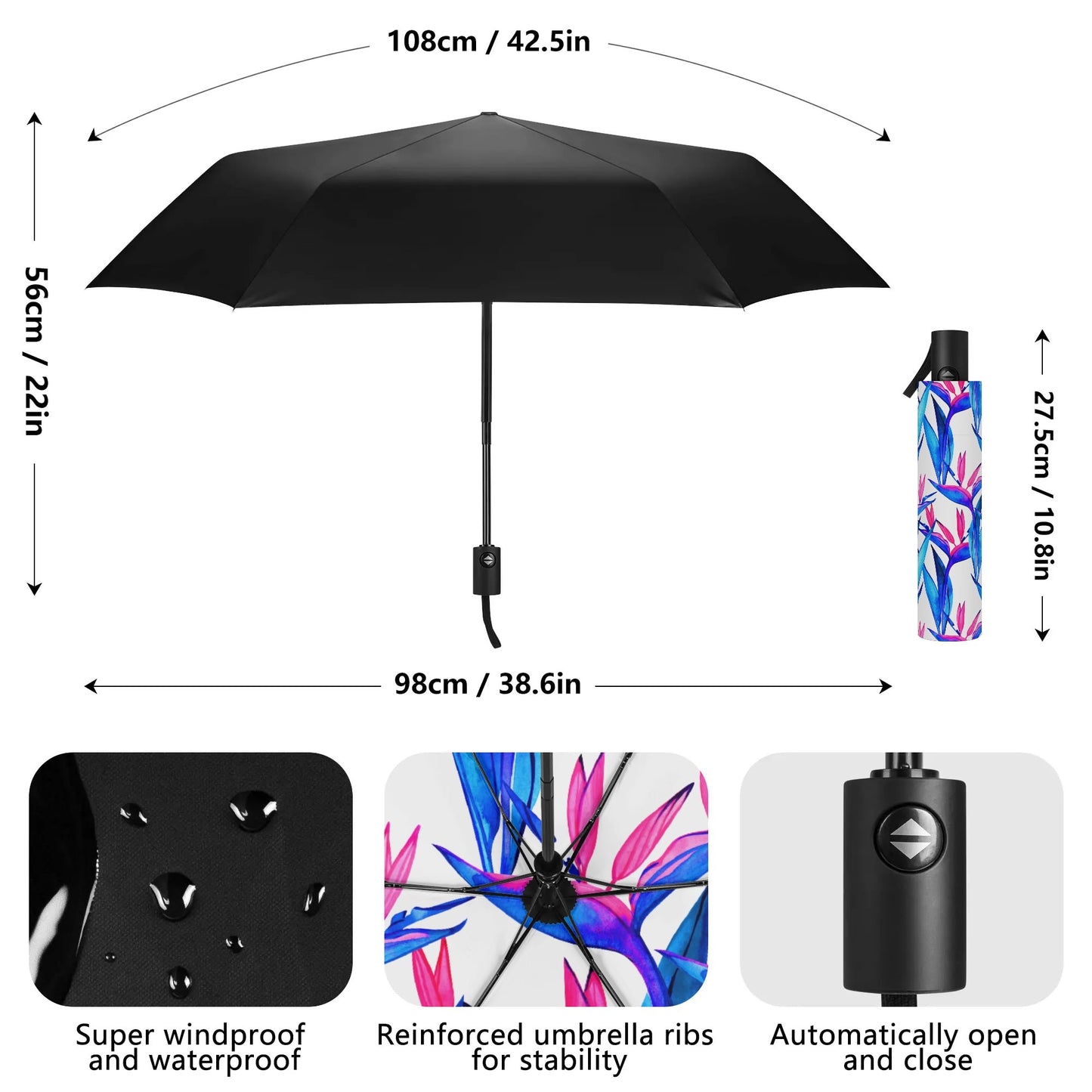 Artistically Flowered - Fully Auto Open & Close Black Umbrella - Design Inside