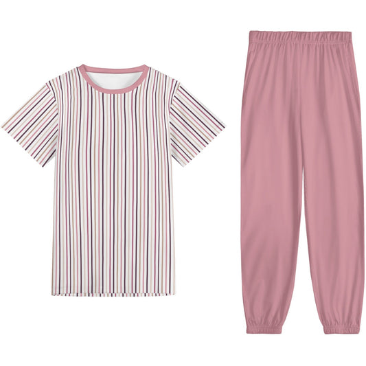 Burgundy Stripe - Unisex Short Sleeve Tee PJ Set
