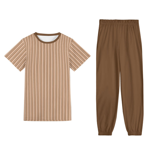 Brown Striped - Unisex Short Sleeve Tee + Pants PJ Set