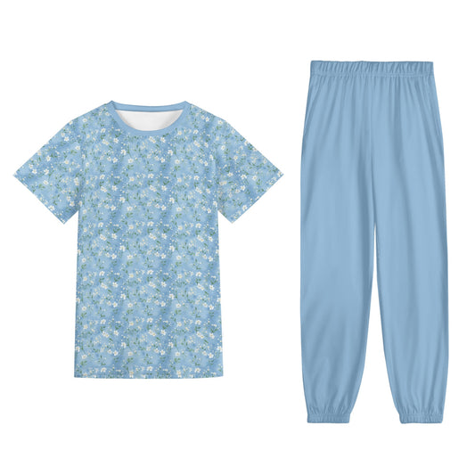 Blue Flowers - Unisex Short Sleeve Tee Pants PJ Set