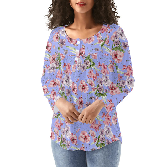Pink & Purple Floral | Reg & Plus Sizes - Women's Long Sleeve Loose Flare Blouse