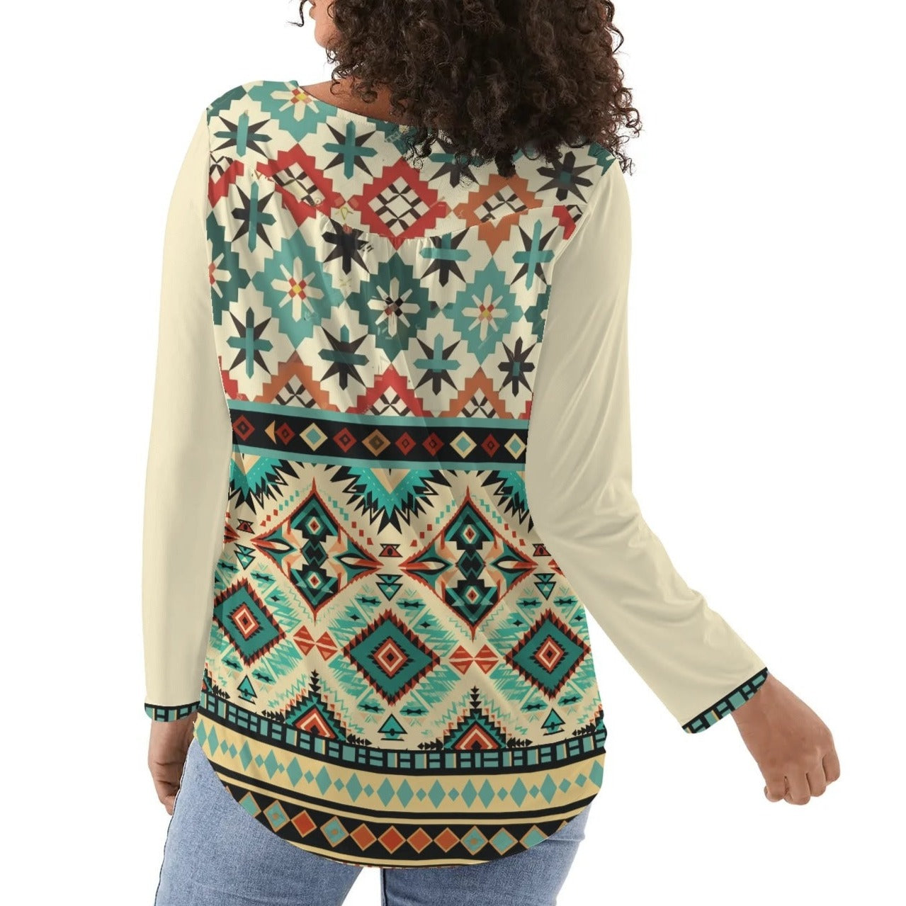 Southwestern Aztec | Women's Long Sleeve Blouse – Everyday Style Meets Comfort - Soft Pleated Neck