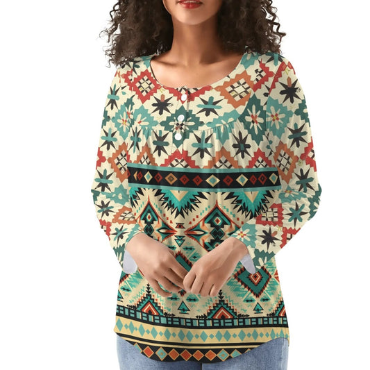 Southwestern Aztec | Women's Long Sleeve Blouse – Everyday Style Meets Comfort - Soft Pleated Neck
