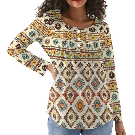 Southwestern Tribal | Women's Long Sleeve Blouse – Everyday Style Meets Comfort - Soft Pleated Neck
