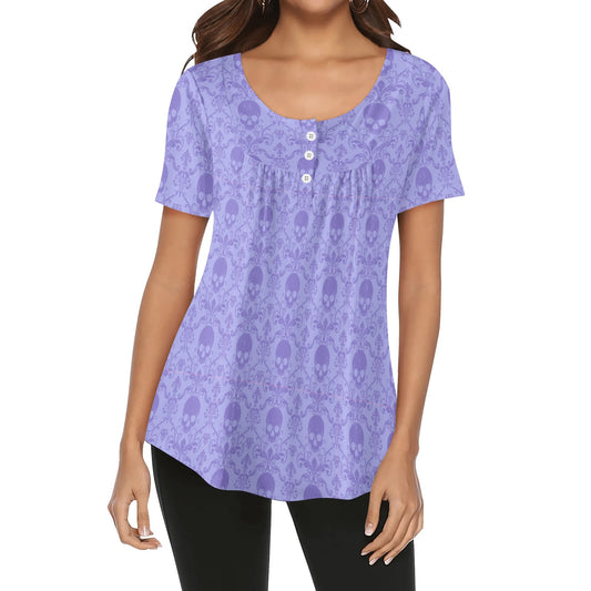 Shades of Pink & Purple Skulls Womens Scoop Neck Short Sleeve Loose Blouse - Plus Sizes Available