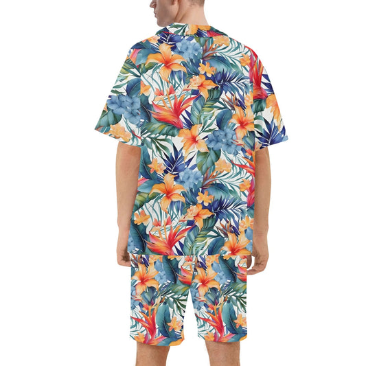 Colourful Tropical Print - Mens Regular Fit Hawaiian Short Sleeve Shirt and Shorts Set