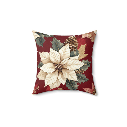 Vintage White Poinsettia & Pine Cone - Spun Polyester Square Pillow 14x14"