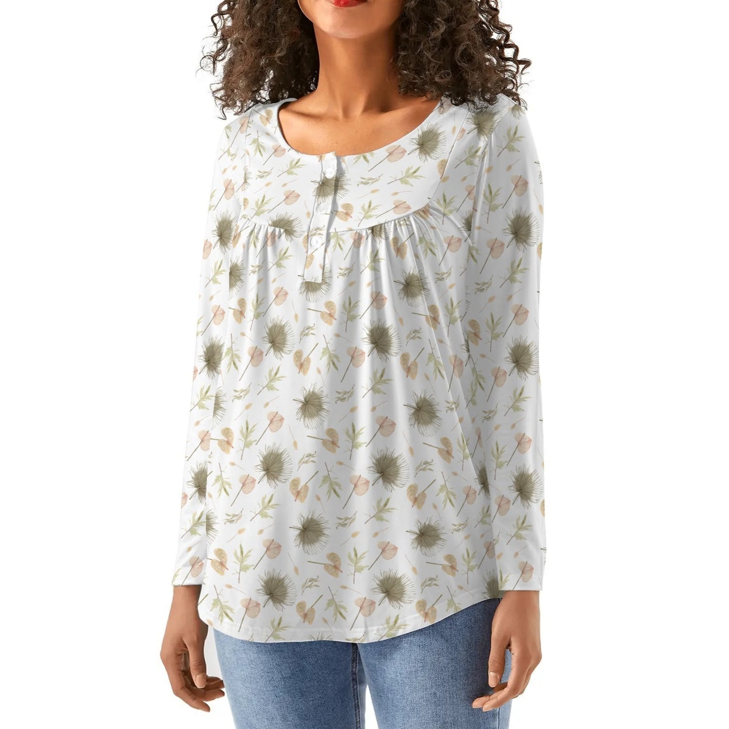 BOHO Flowers Leaves | Women's Scoop Neck Baby Doll Long Sleeved Blouse