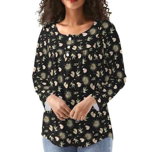 BOHO Flowers Leaves | Women's Scoop Neck Baby Doll Long Sleeved Blouse