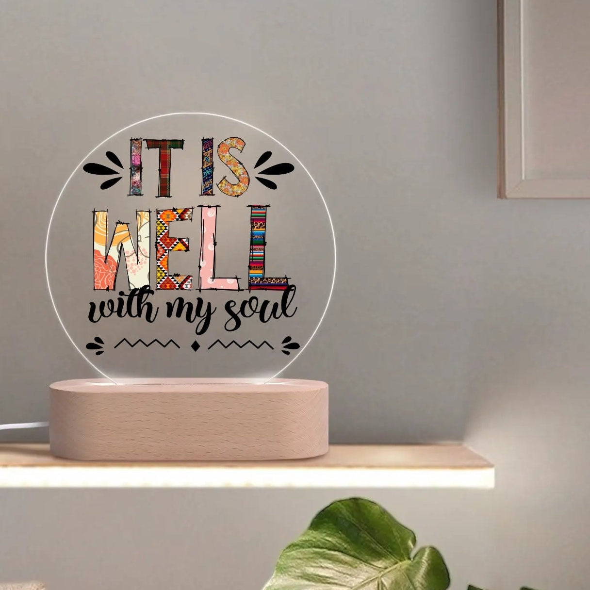 Colourful Christian - Round LED Acrylic Night Light with Wooden Base