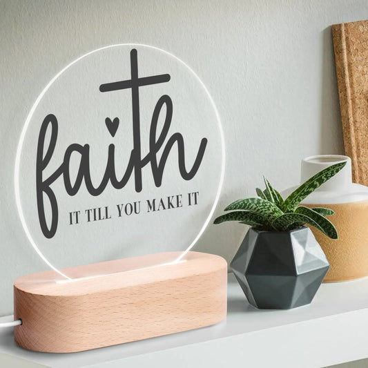 Christian Inspiration Words - Round LED Acrylic Night Light with Wooden Base