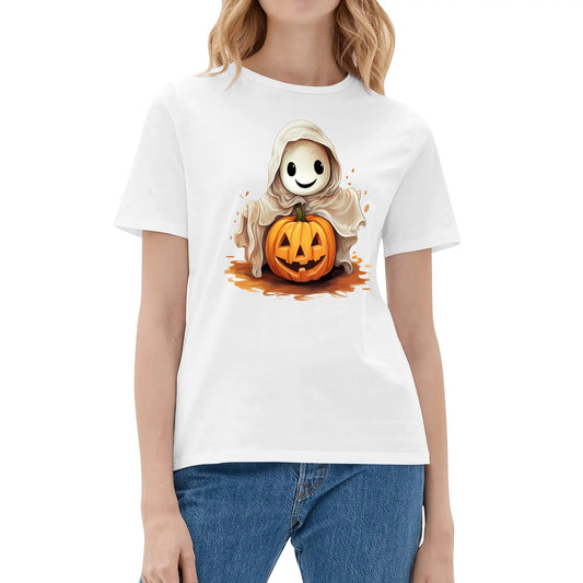 Cute Ghost & Pumpkin - Womens Super Soft 100% Cotton T-Shirts - Fun Halloween Tee