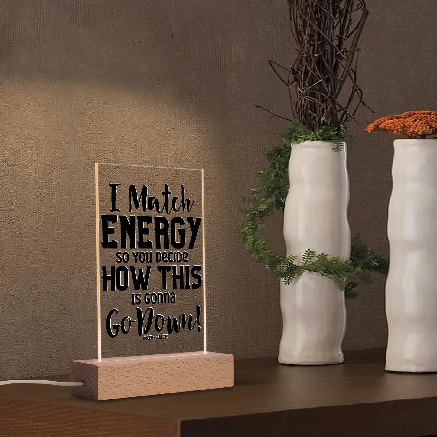 ADHD - Rectangle LED Acrylic Night Light and Wooden Base Table Décor