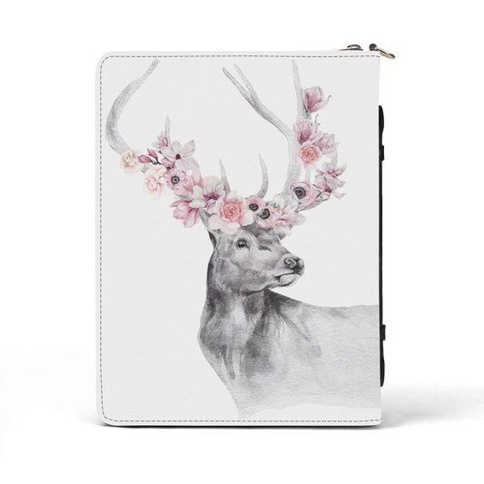 Floral Elk - Twill (PU) Leather Book Cover With Pocket and Carrying Handle