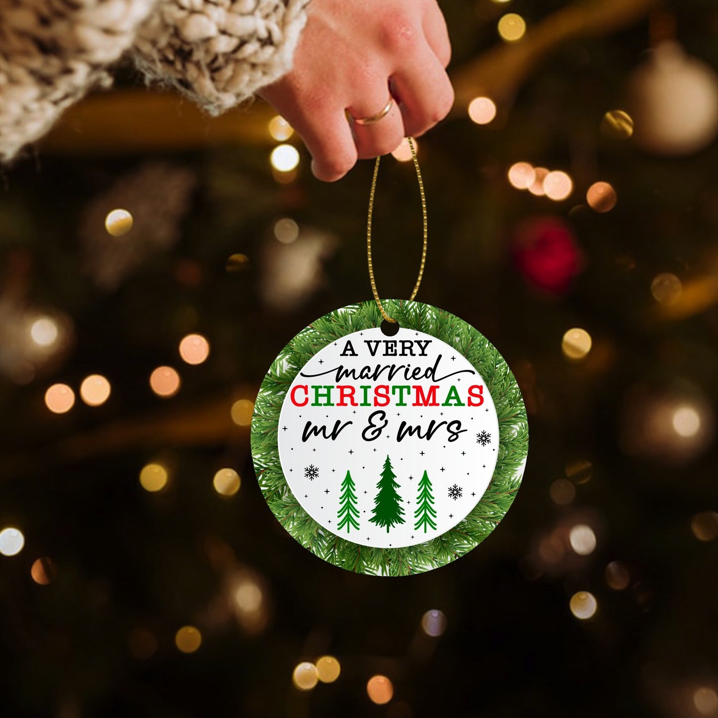 A Very Married Christmas Mr & Mrs - Round Ceramic Double-Sided Ornament Decoration (1pc & 6pcs) Coloured