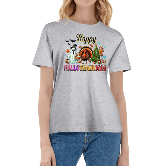HAPPY HalloThanksMas - Womens Super Soft 100% Cotton T-Shirt - Celebrating The Seasons!