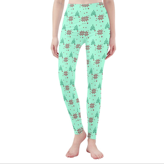 Poinsettia & Christmas Trees - Women's Soft Leggings