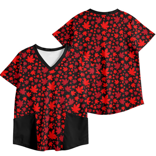 Canadian Maple Leaves - Womens Workwear Scrub Top - Breathable Poly-Cotton V-Neck with Pockets