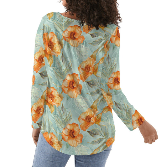 Orange Tropics | Women's Scoop Neck Baby Doll Long Sleeved Blouse