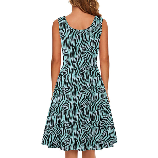 Zebra Print | Womens Tank A-Line Sundress with Pockets - Effortless Comfort & Style - Teal