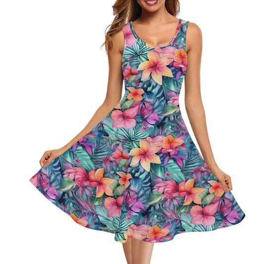 Tropical Travels | Womens Tank A-Line Sundress with Pockets - Effortless Comfort & Style - Florals & Leaves