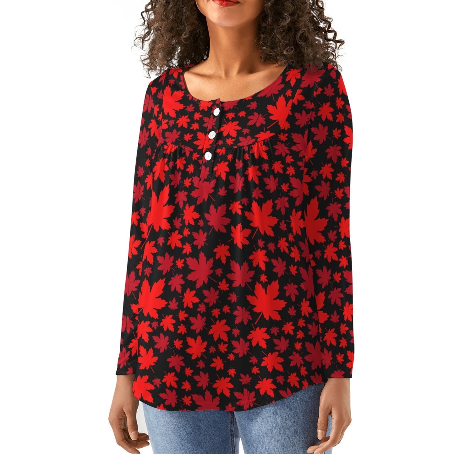 Canadian Maple Leaves | Women's Scoop Neck Baby Doll Long Sleeved Blouse