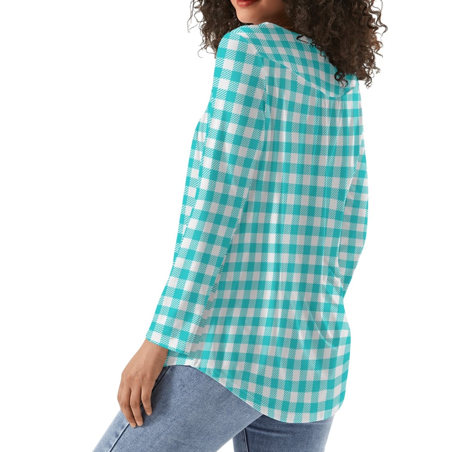 Gingham Collection | Women's Scoop Neck Baby Doll Long Sleeved Blouse