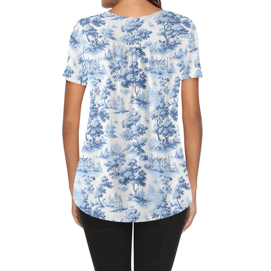 Blue Tree Toile | Womens Scoop Neck Short Sleeve Loose Blouse - Plus Sizes Available