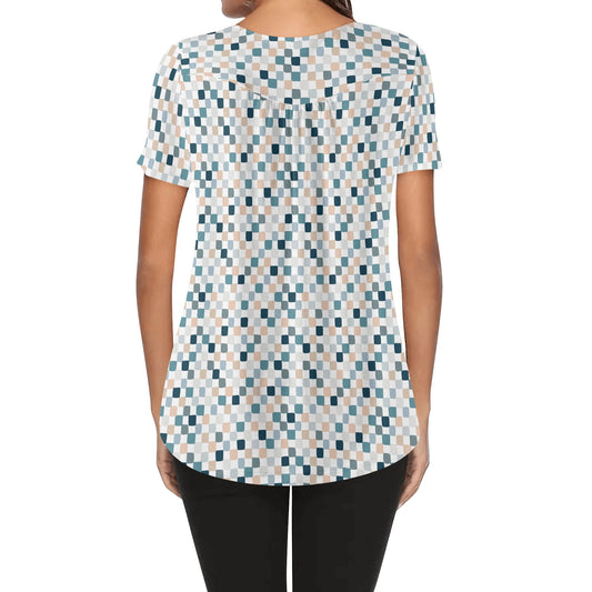 Blue Checks | Womens Scoop Neck Short Sleeve Loose Blouse - Plus Sizes Available