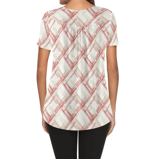 Watercolour Red Plaid | Women's Scoop Neck Short Sleeve Loose Blouse - Plus Sizes Available