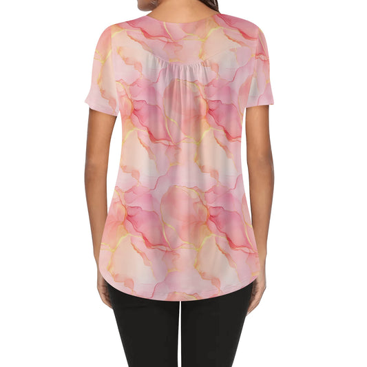Salmon & Pink Alcohol Ink | Womens Scoop Neck Short Sleeve Loose Blouse - Plus Sizes Available