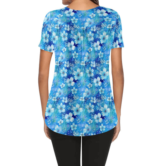 Blue Flowers | Womens Scoop Neck Short sleeve Loose Blouse