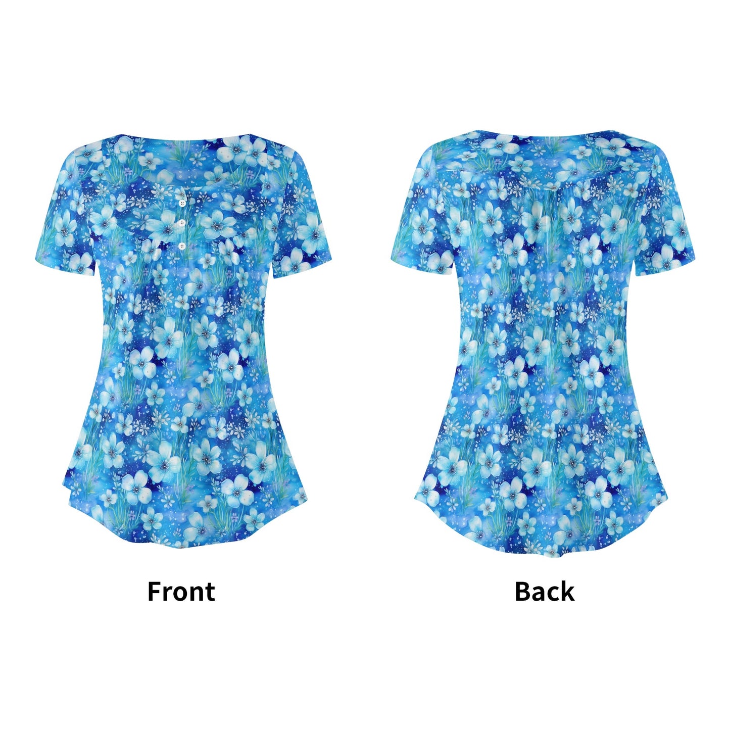 Blue Flowers | Womens Scoop Neck Short sleeve Loose Blouse
