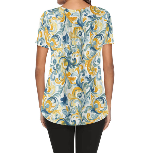 Blue & Yellow Swirls | Womens Scoop Neck Short sleeve Loose Blouse
