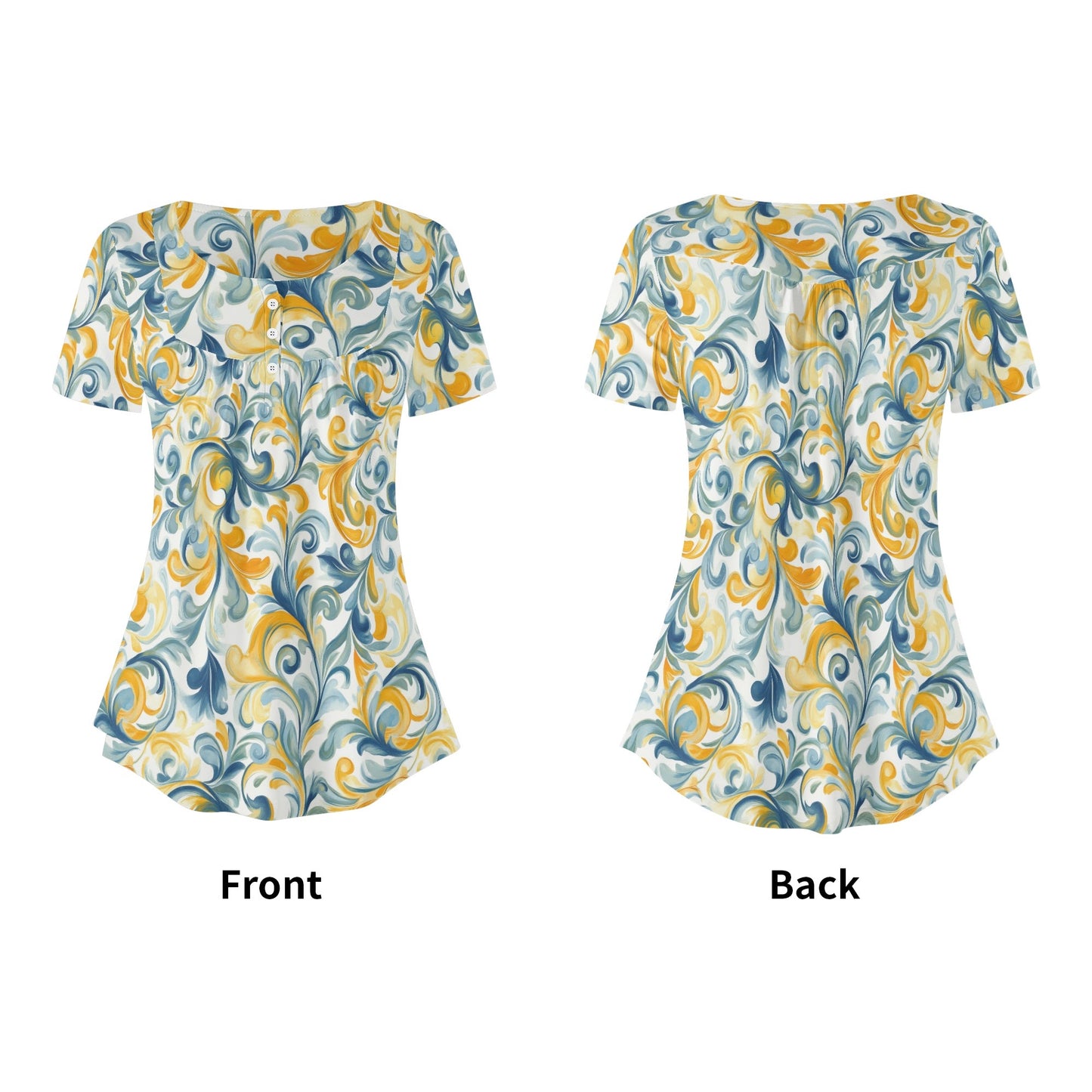 Blue & Yellow Swirls | Womens Scoop Neck Short sleeve Loose Blouse